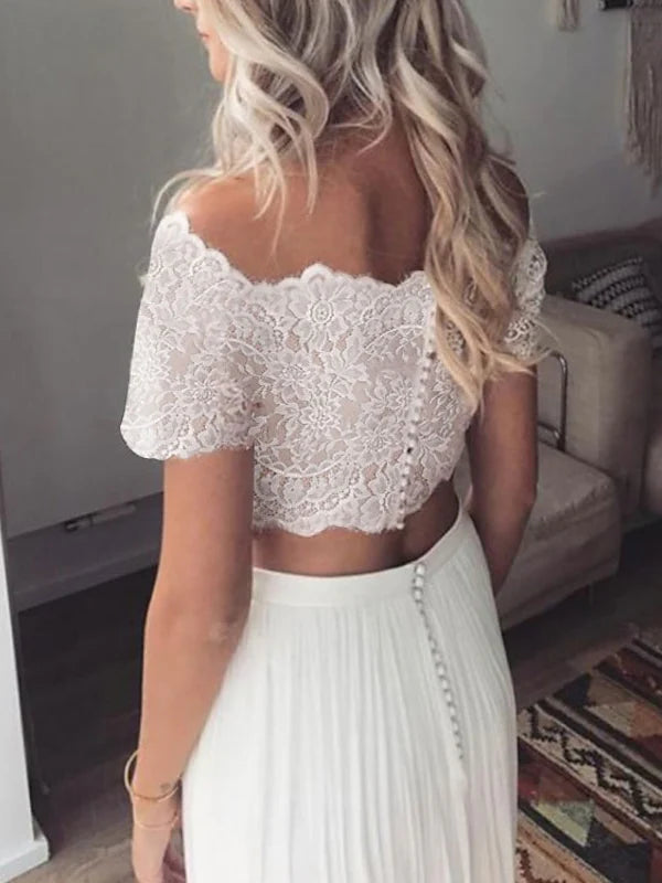 Wholesale A-Line/Princess Beach Wedding Dress Off-The-Shoulder Short Sleeves With Pleats